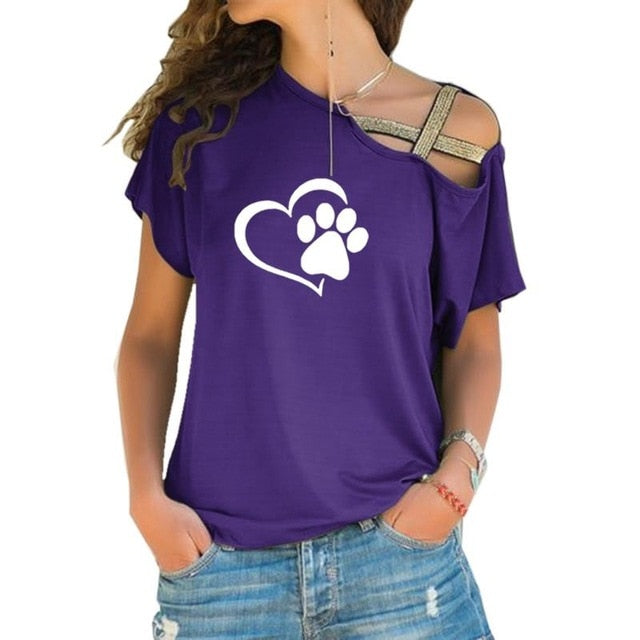 Women Fashion Dog Cat Paw Heart T shirt Tops Cross-shoulder Irregular Short-sleeved Travis Designs-paw print women top-Purple-XXL-Free Item Online