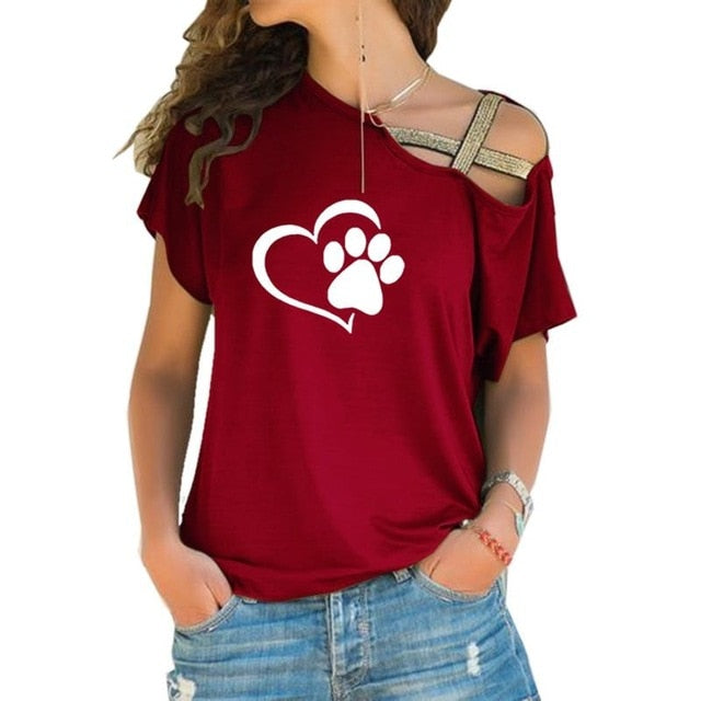 Women Fashion Dog Cat Paw Heart T shirt Tops Cross-shoulder Irregular Short-sleeved Travis Designs-paw print women top-Red-XXL-Free Item Online