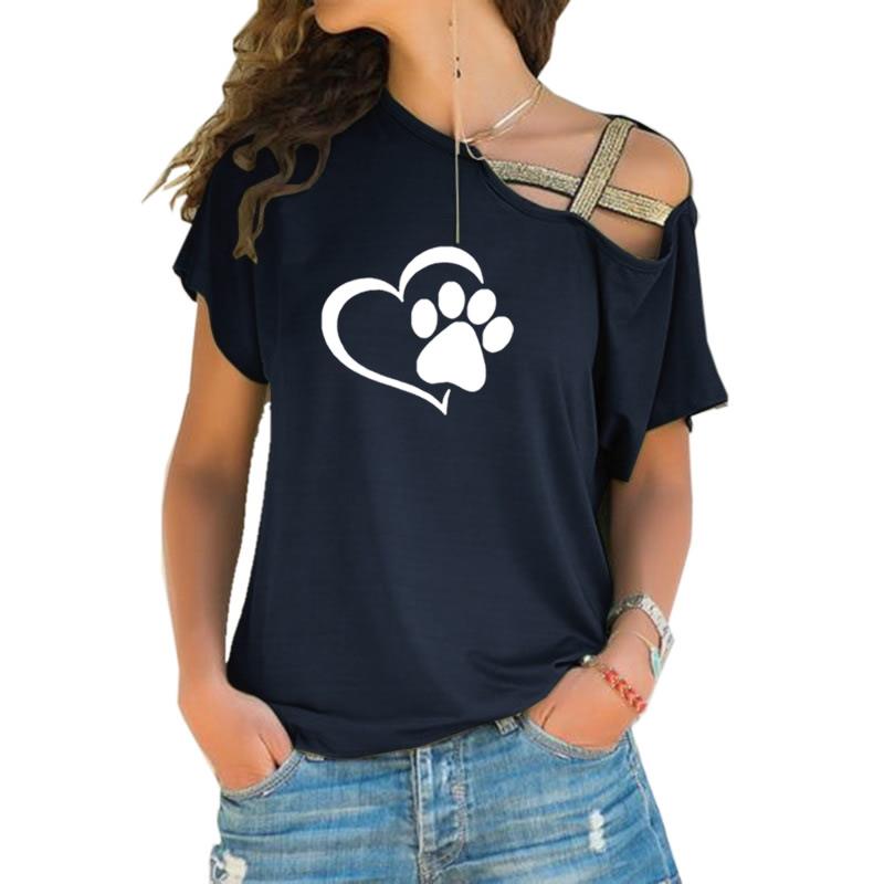 Women Fashion Dog Cat Paw Heart T shirt Tops Cross-shoulder Irregular Short-sleeved Travis Designs-paw print women top-Free Item Online