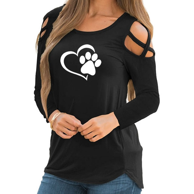 Fashion Dog Paw Print T-Shirt Long Sleeve Cropped Off Shoulder Funny Women Tops-dog paw print women tee shirt.-Black-S-Free Item Online