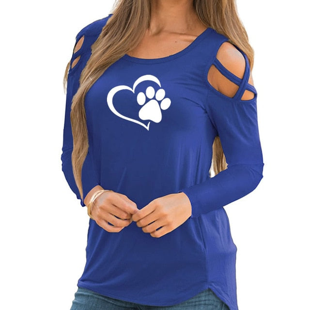 Fashion Dog Paw Print T-Shirt Long Sleeve Cropped Off Shoulder Funny Women Tops-dog paw print women tee shirt.-Blue-S-Free Item Online