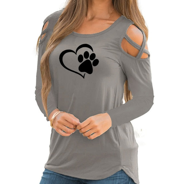 Fashion Dog Paw Print T-Shirt Long Sleeve Cropped Off Shoulder Funny Women Tops-dog paw print women tee shirt.-Gray-S-Free Item Online