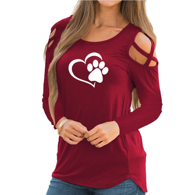Fashion Dog Paw Print T-Shirt Long Sleeve Cropped Off Shoulder Funny Women Tops-dog paw print women tee shirt.-Red-S-Free Item Online