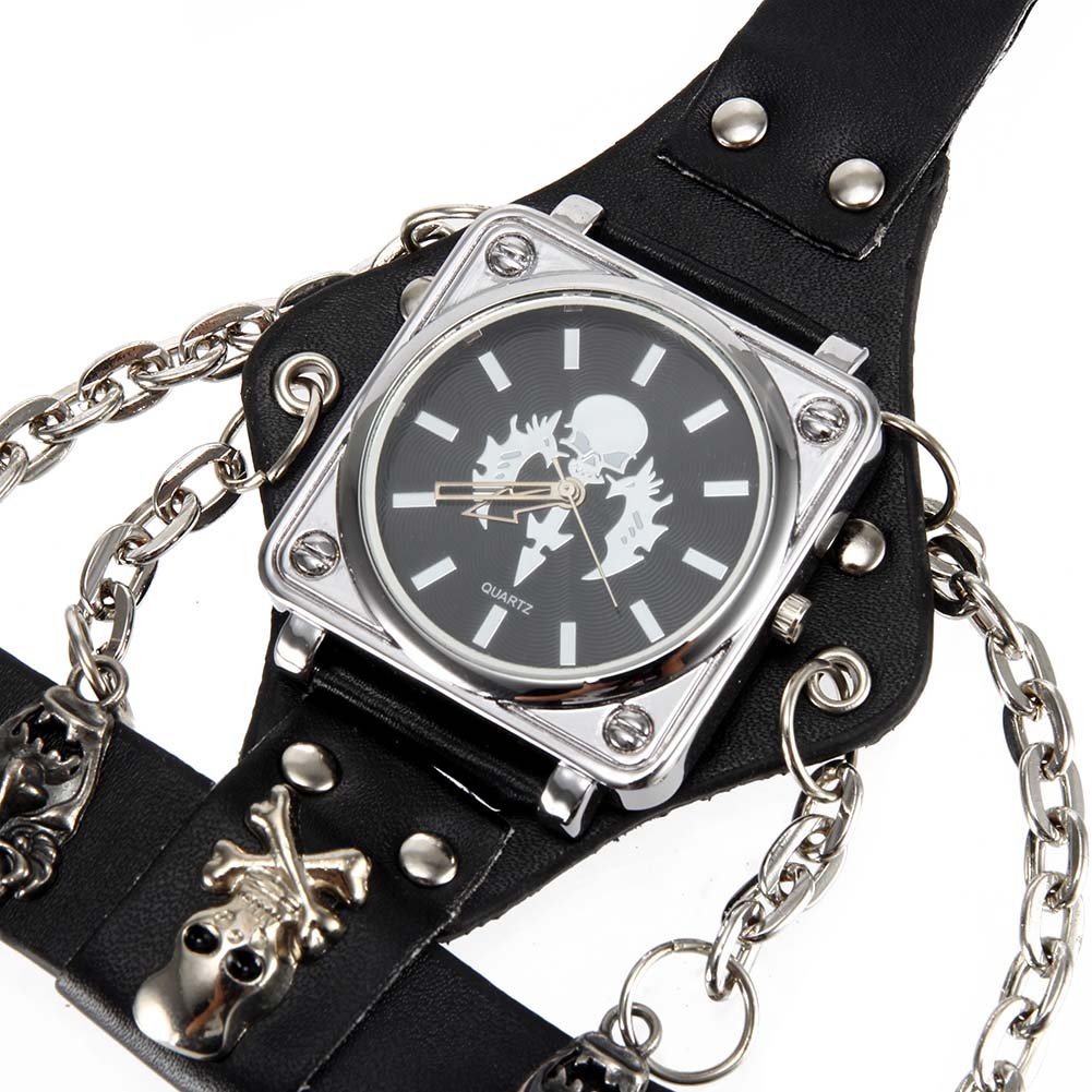 Gailis Punk Quartz 3 Strap Black Leather Unisex Wrist Watch Ring Chain Connection-Free Item Online