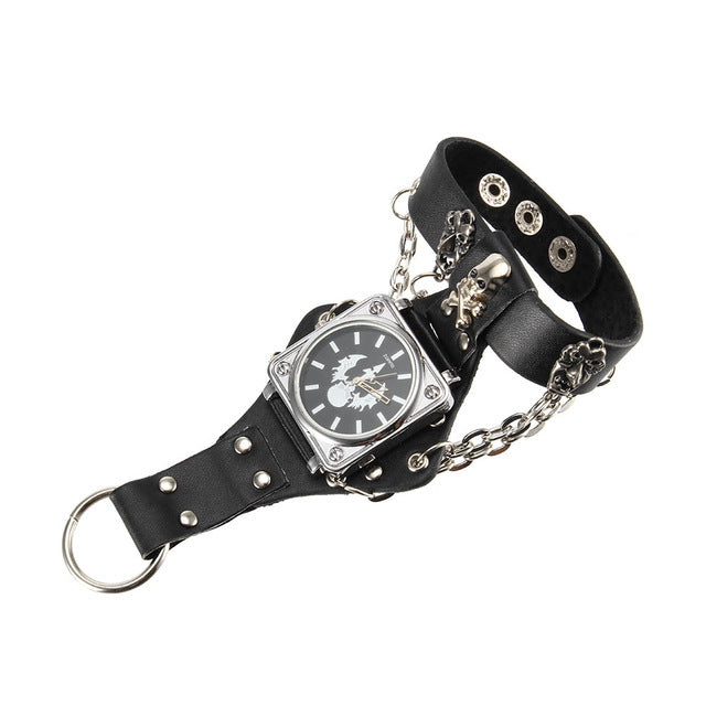 Gailis Punk Quartz 3 Strap Black Leather Unisex Wrist Watch Ring Chain Connection-Free Item Online