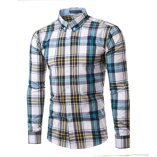 Jesse Men Plaid Long Sleeve Slim Fit Shirt-Men's shirt-Free Item Online-Blue-Asian Size L-Free Item Online