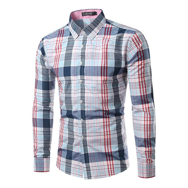 Jesse Men Plaid Long Sleeve Slim Fit Shirt-Men's shirt-Free Item Online-Pink-Asian Size L-Free Item Online