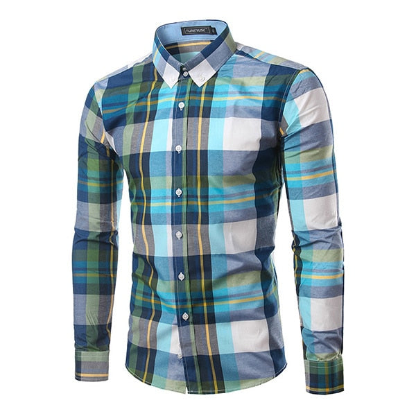 Jesse Men Plaid Long Sleeve Slim Fit Shirt-Men's shirt-Free Item Online-Dark Green-Asian Size L-Free Item Online
