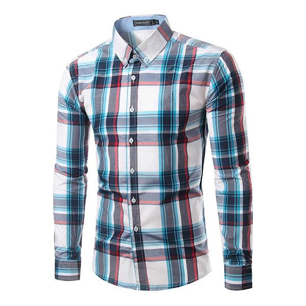 Jesse Men Plaid Long Sleeve Slim Fit Shirt-Men's shirt-Free Item Online-Navy Blue-Asian Size L-Free Item Online