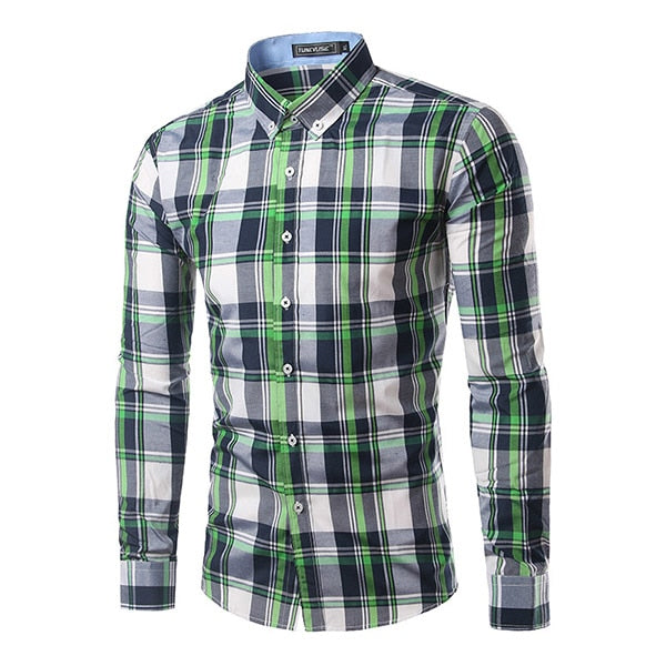 Jesse Men Plaid Long Sleeve Slim Fit Shirt-Men's shirt-Free Item Online-Navy Green-Asian Size L-Free Item Online