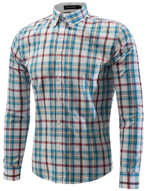 Jesse Men Plaid Long Sleeve Slim Fit Shirt-Men's shirt-Free Item Online-Red Blue-Asian Size L-Free Item Online