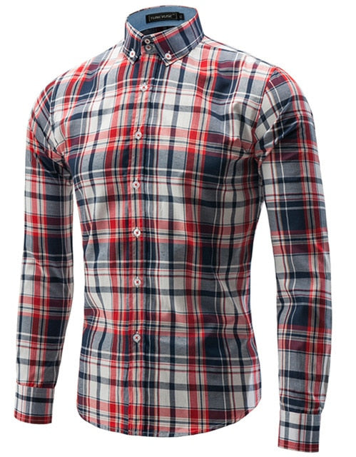 Jesse Men Plaid Long Sleeve Slim Fit Shirt-Men's shirt-Free Item Online-Red Navy-Asian Size L-Free Item Online