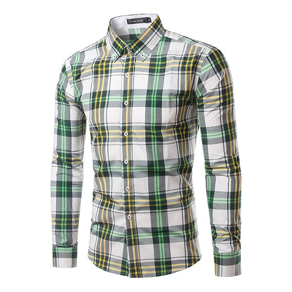 Jesse Men Plaid Long Sleeve Slim Fit Shirt-Men's shirt-Free Item Online-Green-Asian Size L-Free Item Online