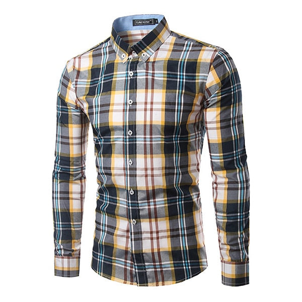 Jesse Men Plaid Long Sleeve Slim Fit Shirt-Men's shirt-Free Item Online-Yellow Cyan-Asian Size L-Free Item Online