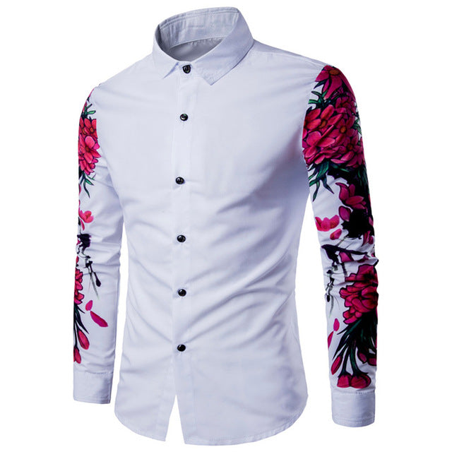 Jesse Floral Long Sleeve Design Slim Fit Men Casual Shirt-Men's shirt-Free Item Online-16C823 White-Asian Size L-Free Item Online