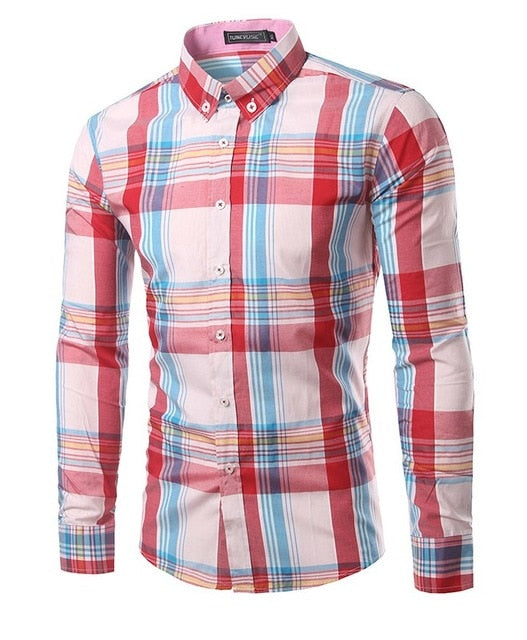 Jesse Men Plaid Long Sleeve Slim Fit Shirt-Men's shirt-Free Item Online-Beige-Asian Size L-Free Item Online