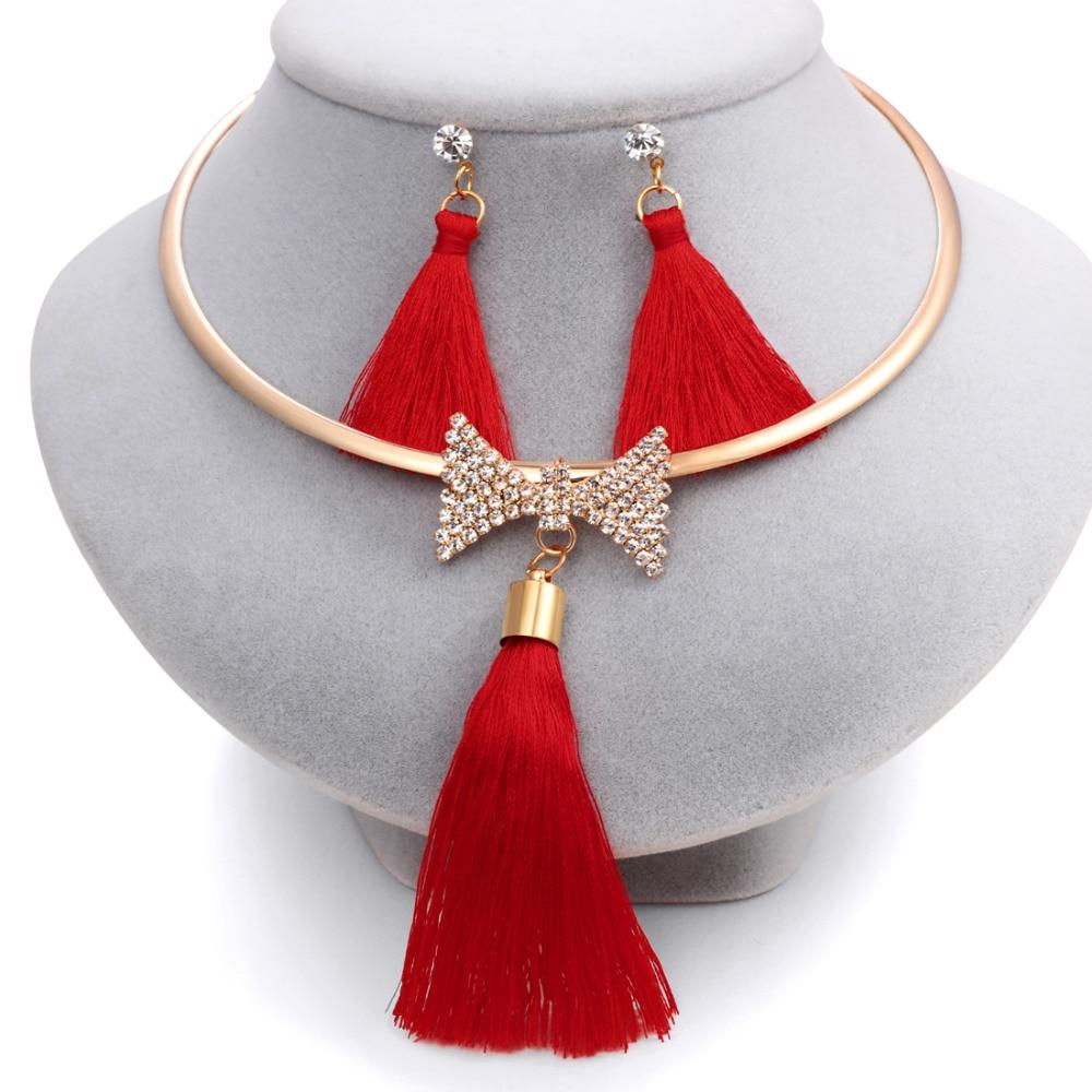 Levina Designer Tassels Earrings And Rose Gold Choker Necklace Fashion Statement Jewelry Sets-tassel jewelry set-bow-red-Free Item Online