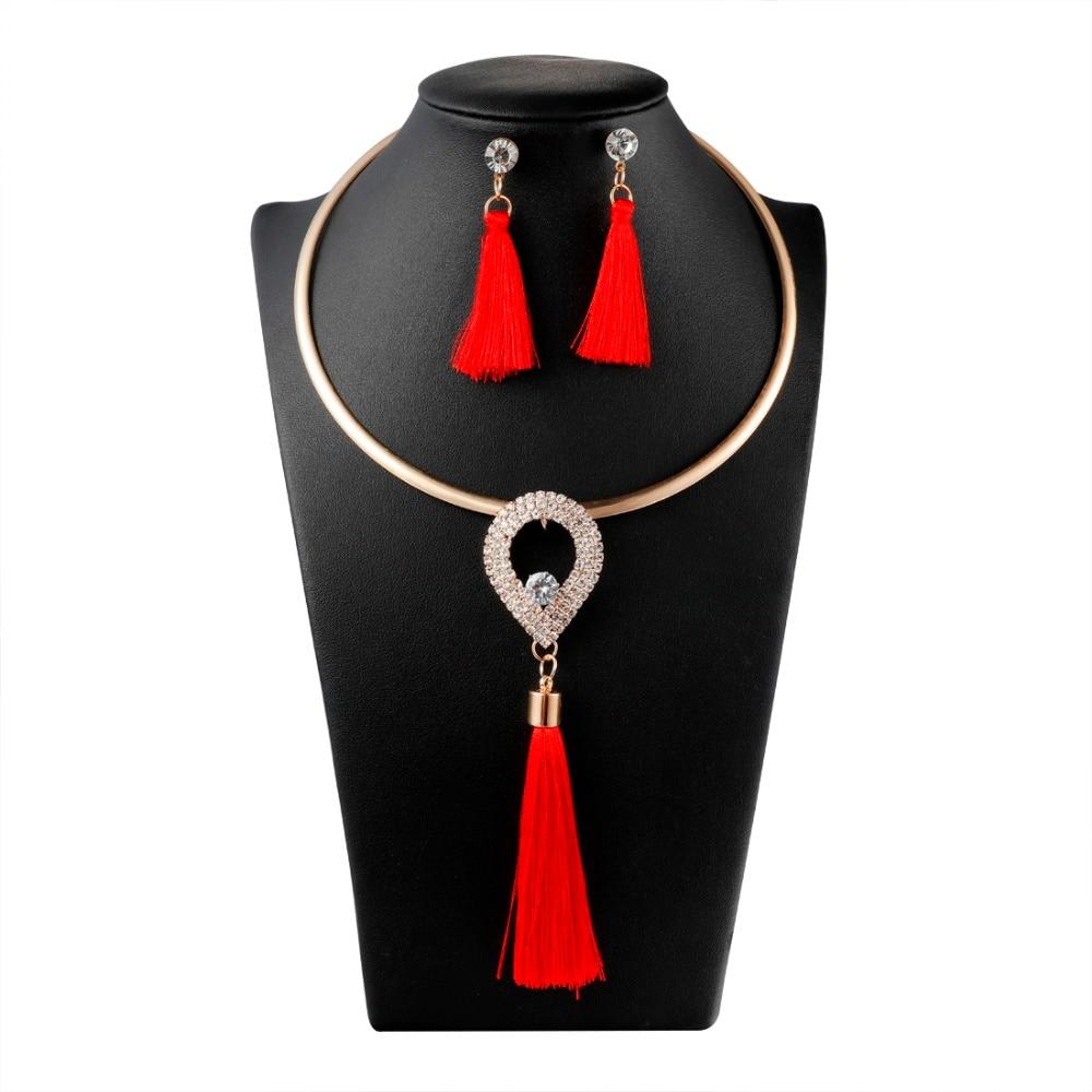Levina Designer Tassels Earrings And Rose Gold Choker Necklace Fashion Statement Jewelry Sets-tassel jewelry set-tear drop-red-Free Item Online