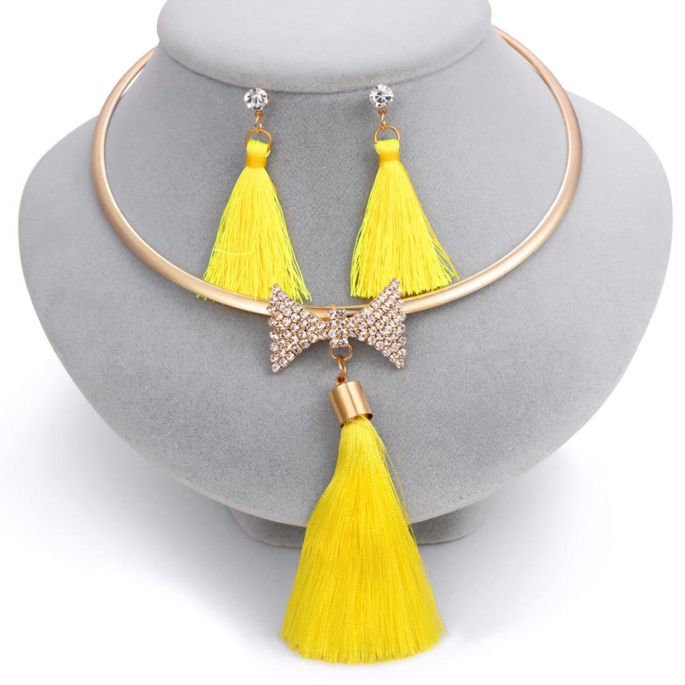 Levina Designer Tassels Earrings And Rose Gold Choker Necklace Fashion Statement Jewelry Sets-tassel jewelry set-bow-yellow-Free Item Online