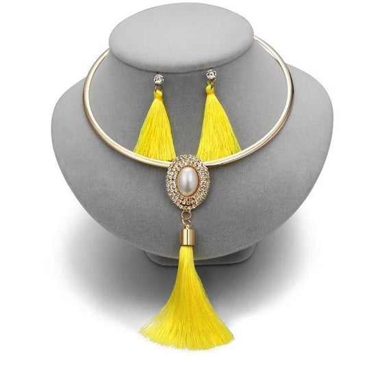 Levina Designer Tassels Earrings And Rose Gold Choker Necklace Fashion Statement Jewelry Sets-tassel jewelry set-pearl-yellow-Free Item Online