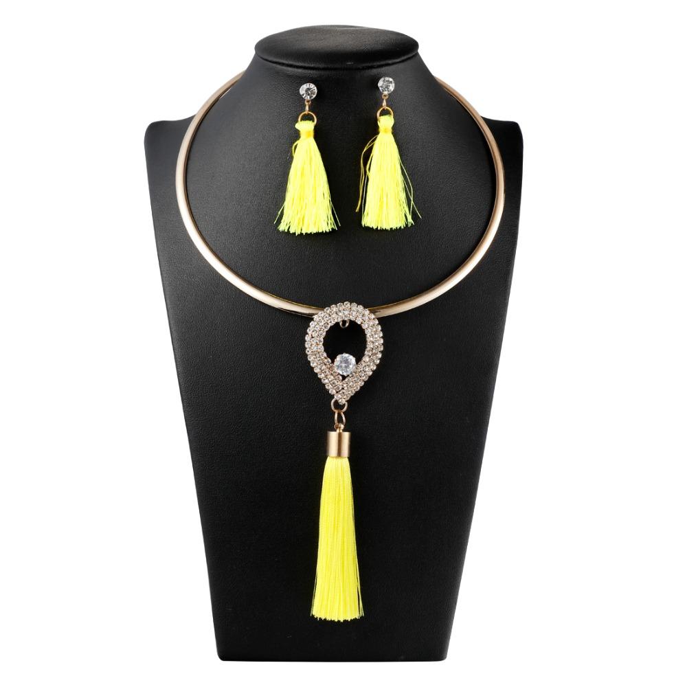 Levina Designer Tassels Earrings And Rose Gold Choker Necklace Fashion Statement Jewelry Sets-tassel jewelry set-tear drop-yellow-Free Item Online